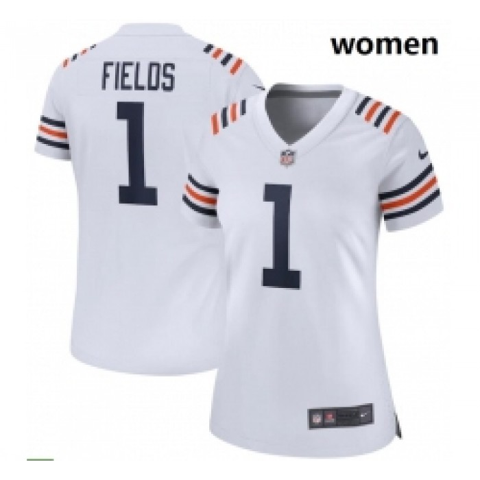 Women Nike Chicago Bears #1 Justin Fields White 2021 NFL Draft First Round Pick Alternate Classic Game Jersey