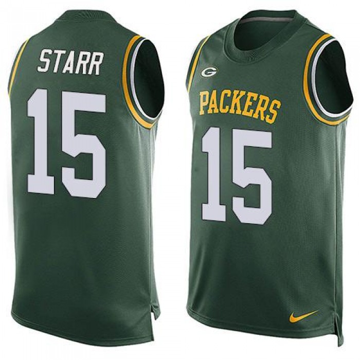 Men's Green Bay Packers #15 Bart Starr Green Hot Pressing Player Name & Number Nike NFL Tank Top Jersey