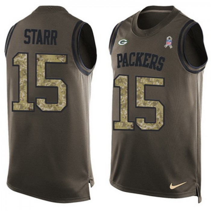 Men's Green Bay Packers #15 Bart Starr Green Salute to Service Hot Pressing Player Name & Number Nike NFL Tank Top Jersey