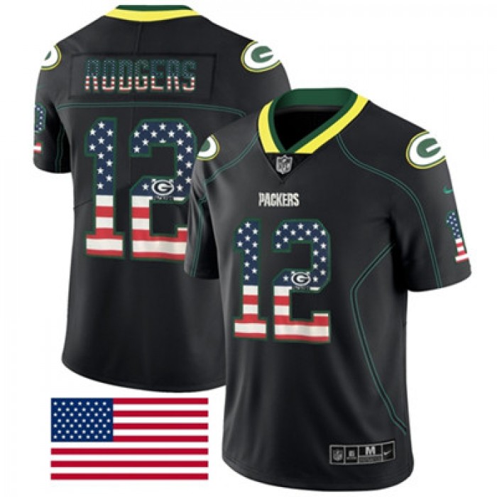Nike Green Bay Packers #12 Aaron Rodgers Black Men's Stitched NFL Limited Rush USA Flag Jersey