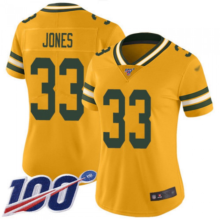 Nike Packers #33 Aaron Jones Gold Women's Stitched NFL Limited Inverted Legend 100th Season Jersey