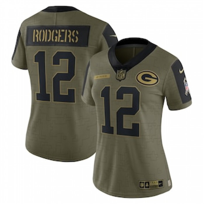 Women's Green Bay Packers #12 Aaron Rodgers Nike Olive 2021 Salute To Service Limited Player Jersey