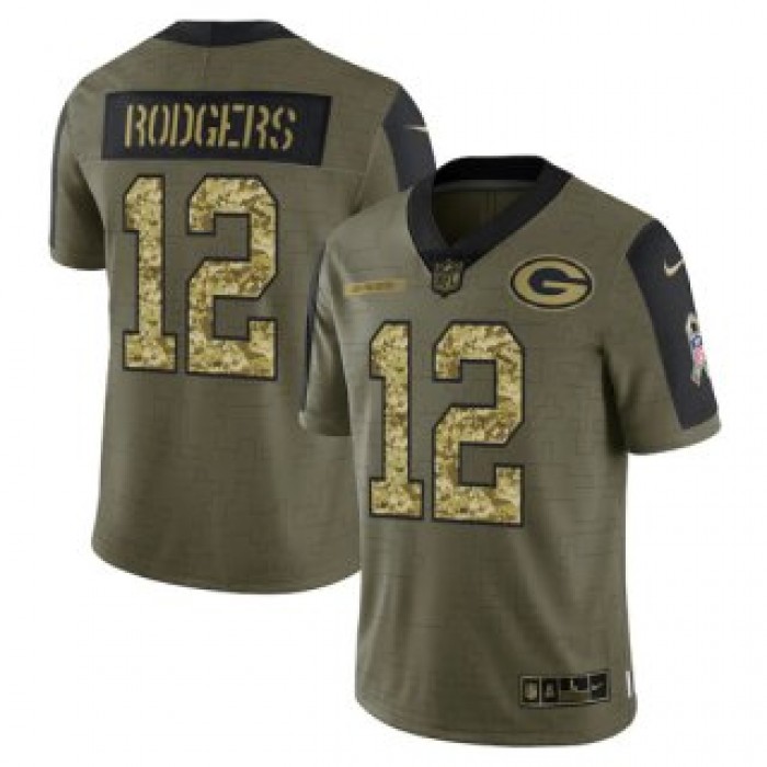Men's Olive Green Bay Packers #12 Aaron Rodgers 2021 Camo Salute To Service Limited Stitched Jersey