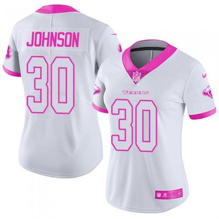 Nike Texans #30 Kevin Johnson White Pink Women's Stitched NFL Limited Rush Fashion Jersey