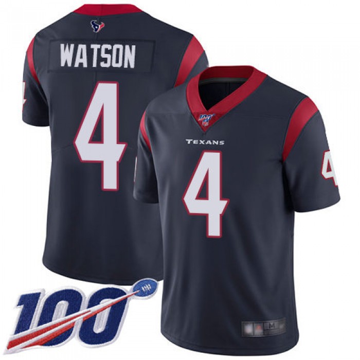 Texans #4 Deshaun Watson Navy Blue Team Color Men's Stitched Football 100th Season Vapor Limited Jersey