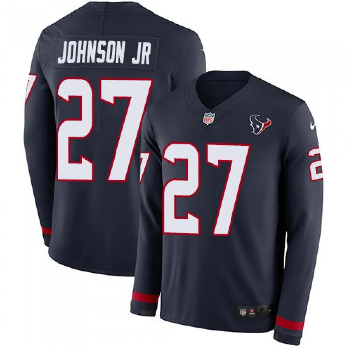 Nike Texans #27 Duke Johnson Jr Navy Blue Team Color Men's Stitched NFL Limited Therma Long Sleeve Jersey