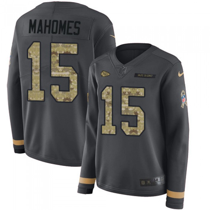 Nike Chiefs #15 Patrick Mahomes Anthracite Salute to Service Women's Stitched NFL Limited Therma Long Sleeve Jersey