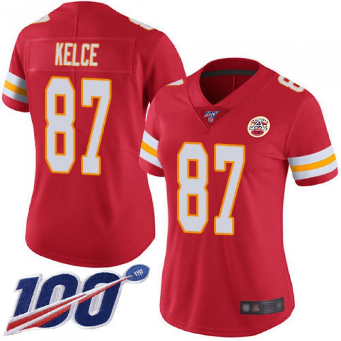 Nike Chiefs #87 Travis Kelce Red Team Color Women's Stitched NFL 100th Season Vapor Limited Jersey