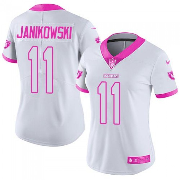Nike Raiders #11 Sebastian Janikowski White Pink Women's Stitched NFL Limited Rush Fashion Jersey
