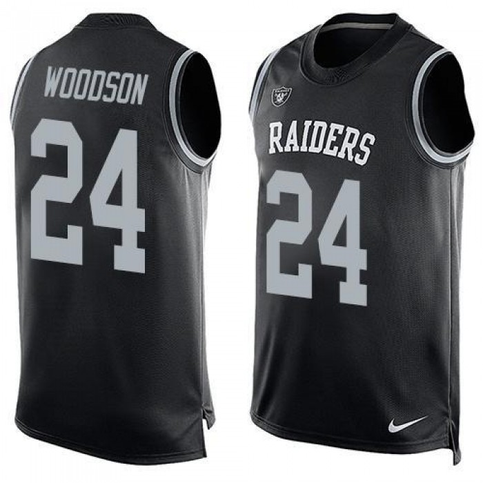 Men's Oakland Raiders 24 Charles Woodson Nike Black Printed Player Name & Number Tank Top