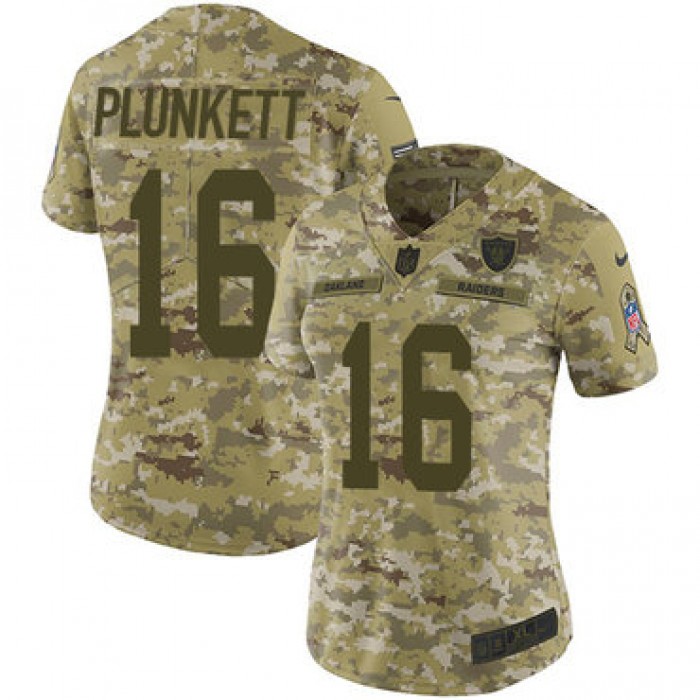 Nike Raiders #16 Jim Plunkett Camo Women's Stitched NFL Limited 2018 Salute to Service Jersey