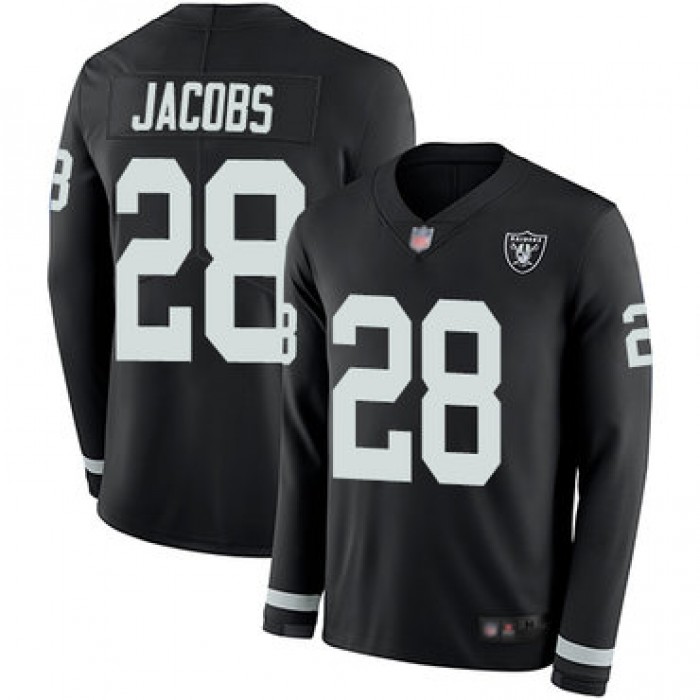 Raiders #28 Josh Jacobs Black Team Color Men's Stitched Football Limited Therma Long Sleeve Jersey