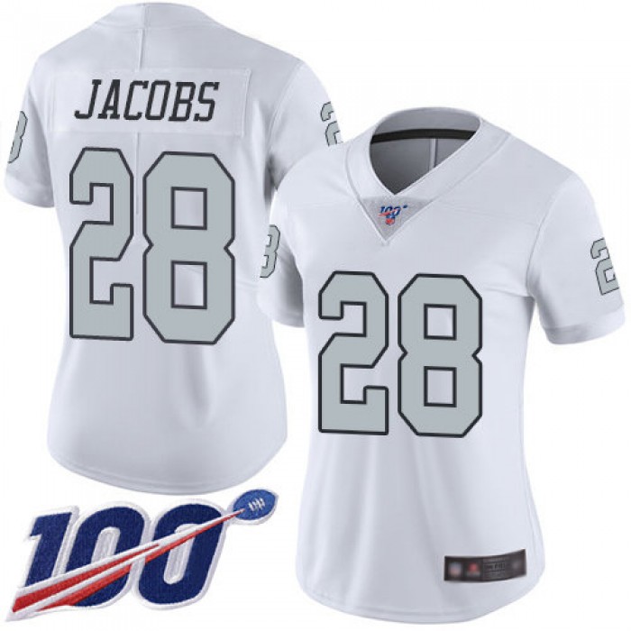 Nike Raiders #28 Josh Jacobs White Women's Stitched NFL Limited Rush 100th Season Jersey