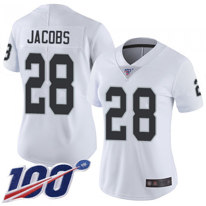 Nike Raiders #28 Josh Jacobs White Women's Stitched NFL 100th Season Vapor Limited Jersey