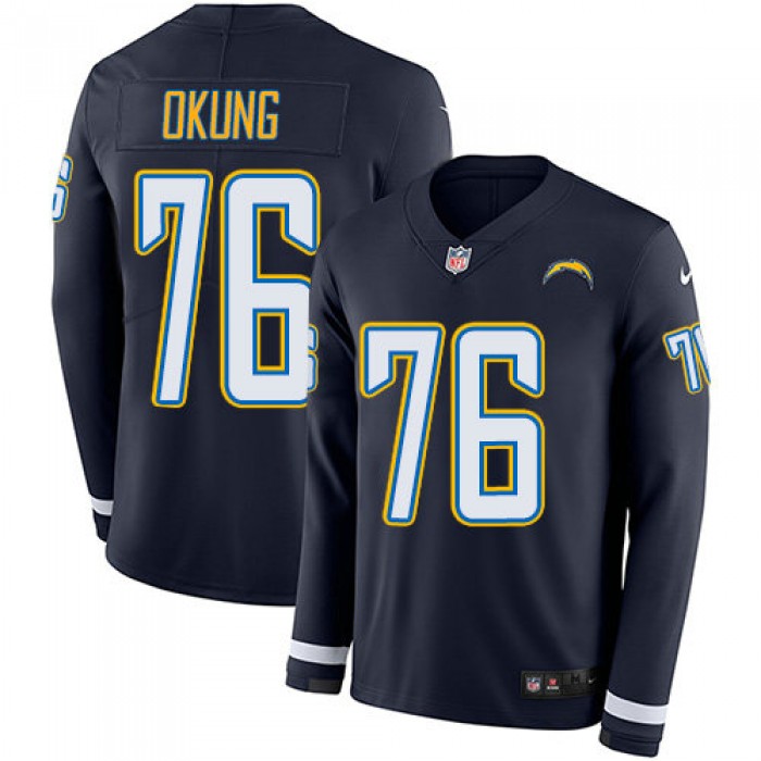 Nike Chargers 76 Russell Okung Navy Blue Team Color Men's Stitched NFL Limited Therma Long Sleeve Jersey