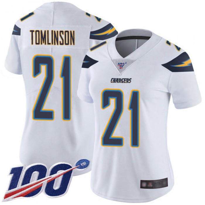 Nike Chargers #21 LaDainian Tomlinson White Women's Stitched NFL 100th Season Vapor Limited Jersey
