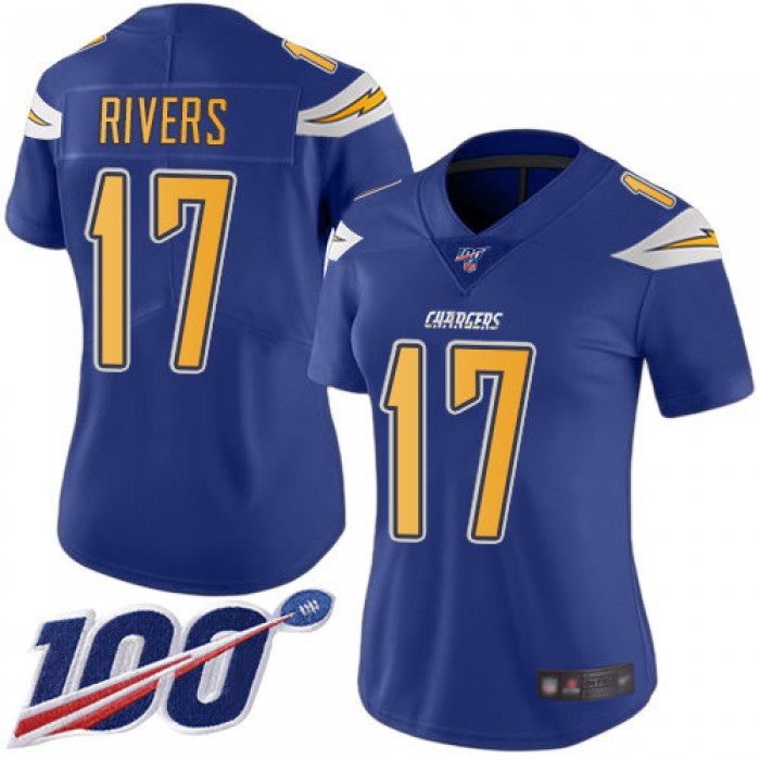 Nike Chargers #17 Philip Rivers Electric Blue Women's Stitched NFL Limited Rush 100th Season Jersey