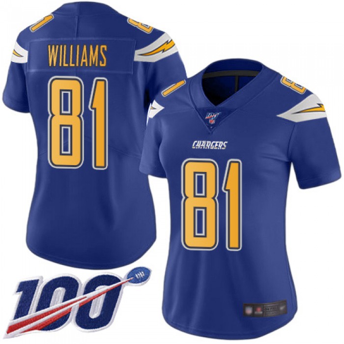 Nike Chargers #81 Mike Williams Electric Blue Women's Stitched NFL Limited Rush 100th Season Jersey