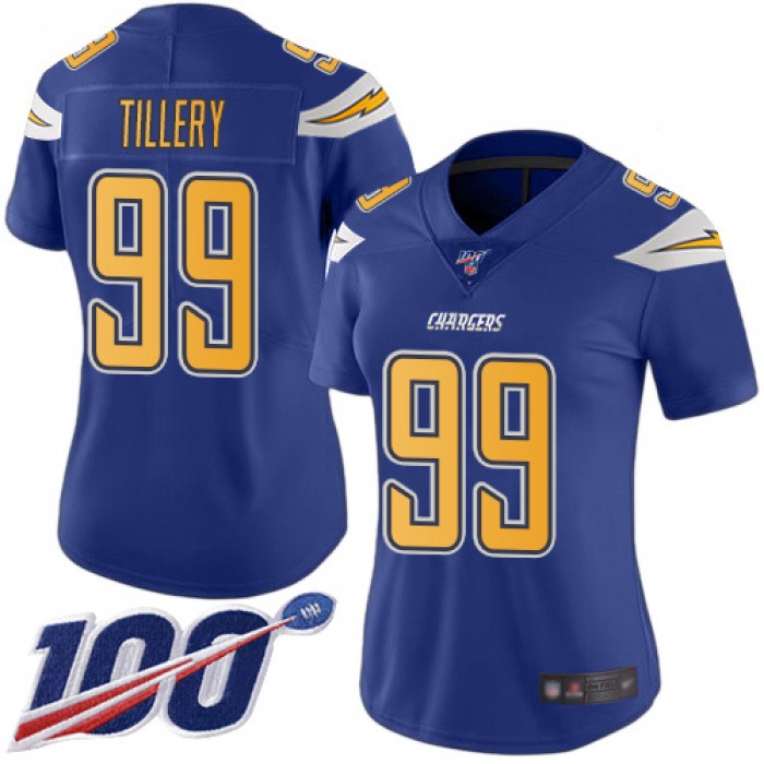 Nike Chargers #99 Jerry Tillery Electric Blue Women's Stitched NFL Limited Rush 100th Season Jersey