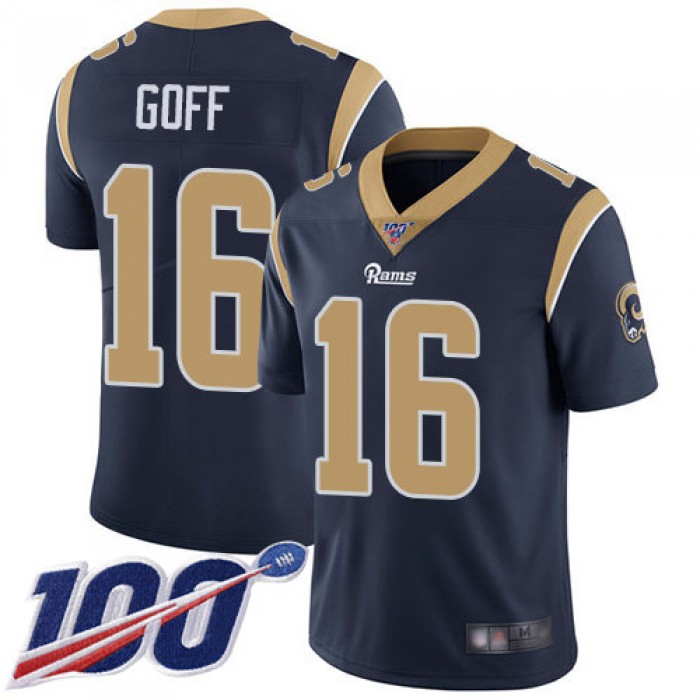 Rams #16 Jared Goff Navy Blue Team Color Men's Stitched Football 100th Season Vapor Limited Jersey