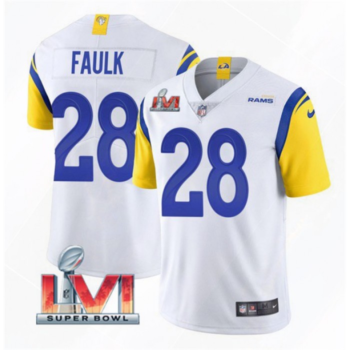 Men's Los Angeles Rams #28 Marshall Faulk 2022 White Super Bowl LVI Vapor Limited Stitched Jersey