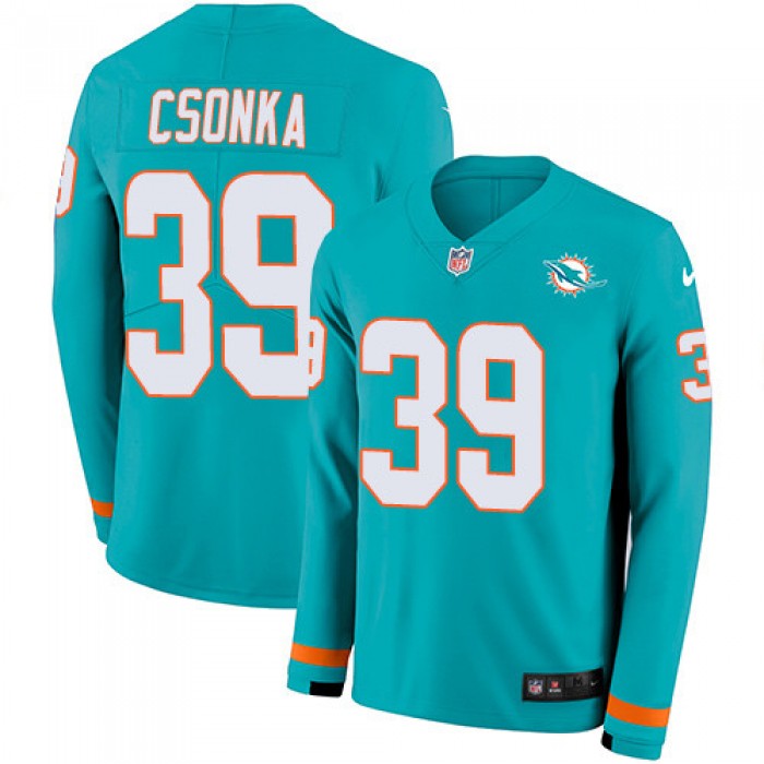 Nike Dolphins #39 Larry Csonka Aqua Green Team Color Men's Stitched NFL Limited Therma Long Sleeve Jersey