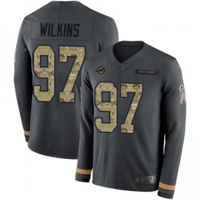 Dolphins #97 Christian Wilkins Anthracite Salute to Service Men's Stitched Football Limited Therma Long Sleeve Jersey