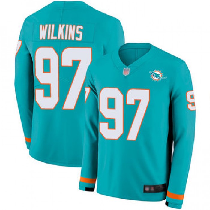 Dolphins #97 Christian Wilkins Aqua Green Team Color Men's Stitched Football Limited Therma Long Sleeve Jersey