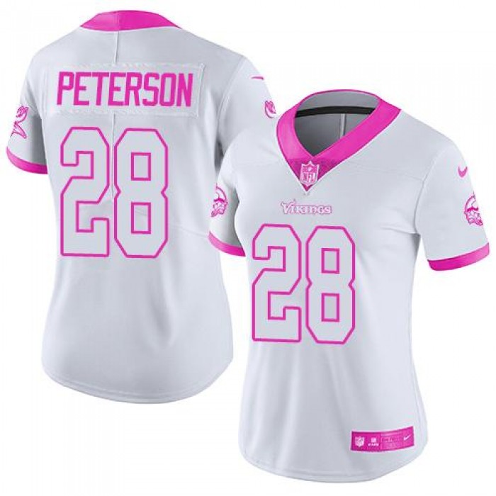 Nike Vikings #28 Adrian Peterson White Pink Women's Stitched NFL Limited Rush Fashion Jersey