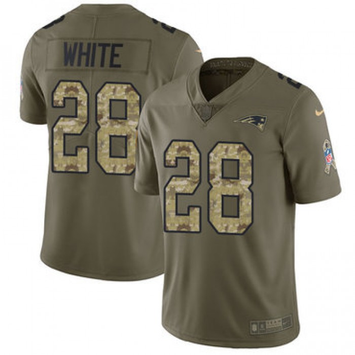 Youth Nike New England Patriots #28 James White Olive Camo Stitched NFL Limited 2017 Salute to Service Jersey