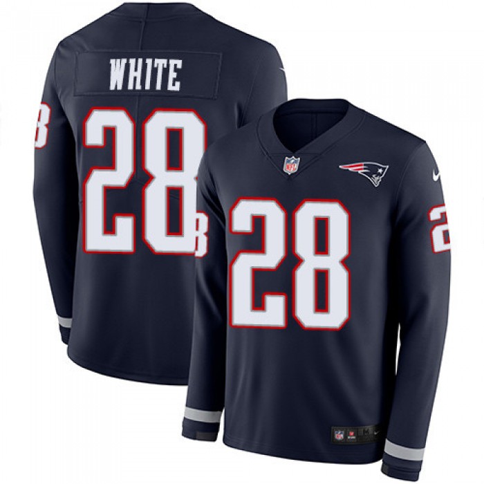 Nike Patriots #28 James White Navy Blue Team Color Men's Stitched NFL Limited Therma Long Sleeve Jersey