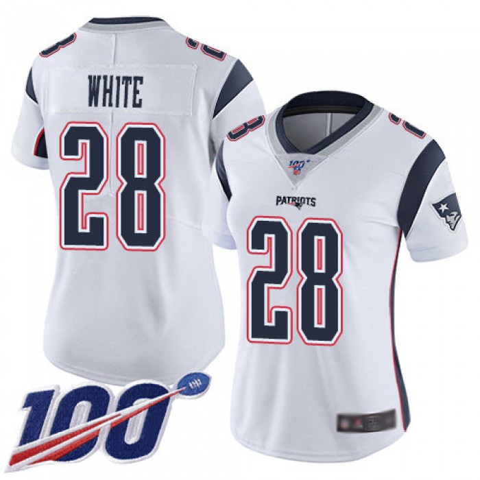 Nike Patriots #28 James White White Women's Stitched NFL 100th Season Vapor Limited Jersey