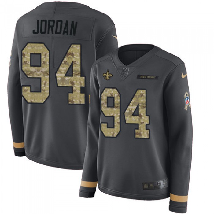 Nike Saints #94 Cameron Jordan Anthracite Salute to Service Men's Stitched NFL Limited Therma Long Sleeve Jersey