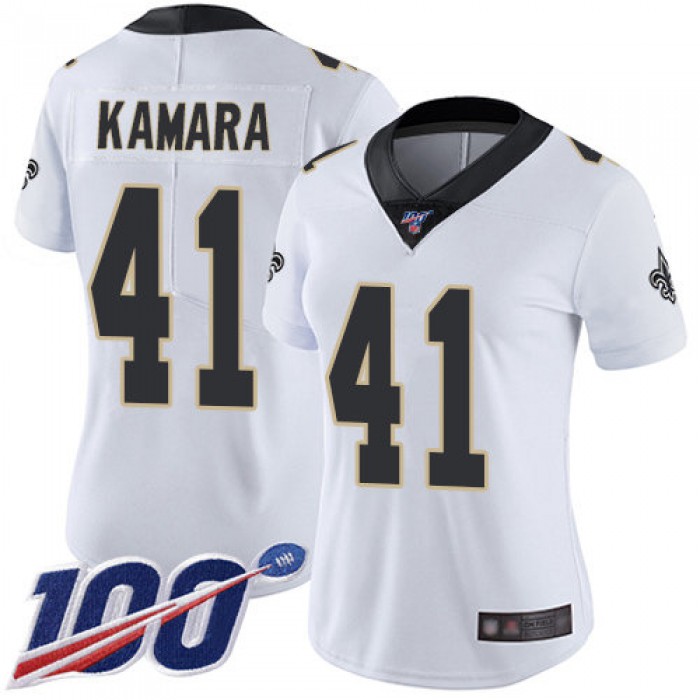 Nike Saints #41 Alvin Kamara White Women's Stitched NFL 100th Season Vapor Limited Jersey