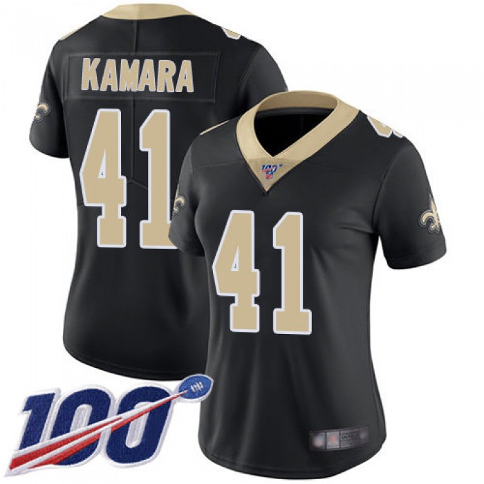 Nike Saints #41 Alvin Kamara Black Team Color Women's Stitched NFL 100th Season Vapor Limited Jersey