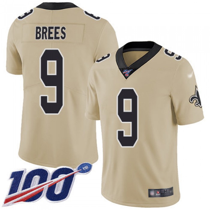 Nike Saints #9 Drew Brees Gold Men's Stitched NFL Limited Inverted Legend 100th Season Jersey