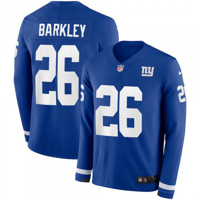 Men Nike New York Giants 26 Saquon Barkley blue Therma Long Sleeve Jersey