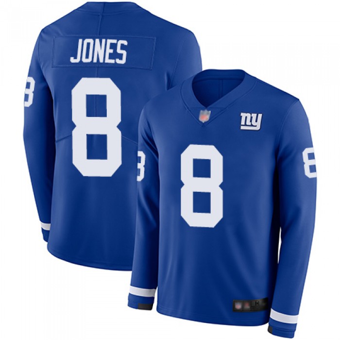 Giants #8 Daniel Jones Royal Blue Team Color Men's Stitched Football Limited Therma Long Sleeve Jersey