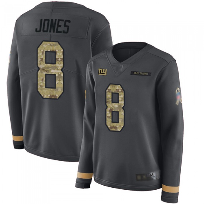 Giants #8 Daniel Jones Anthracite Salute to Service Women's Stitched Football Limited Therma Long Sleeve Jersey