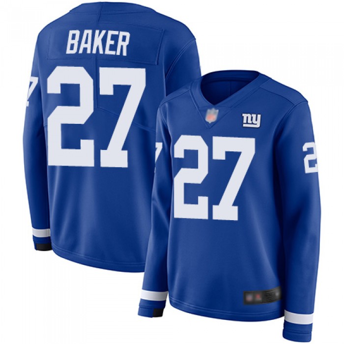 Giants #27 Deandre Baker Royal Blue Team Color Women's Stitched Football Limited Therma Long Sleeve Jersey