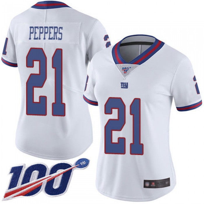 Nike Giants #21 Jabrill Peppers White Women's Stitched NFL Limited Rush 100th Season Jersey