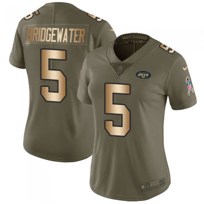 Nike New York Jets #5 Teddy Bridgewater Olive Gold Women's Stitched NFL Limited 2017 Salute to Service Jersey