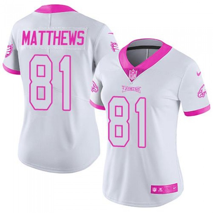 Nike Eagles #81 Jordan Matthews White Pink Women's Stitched NFL Limited Rush Fashion Jersey