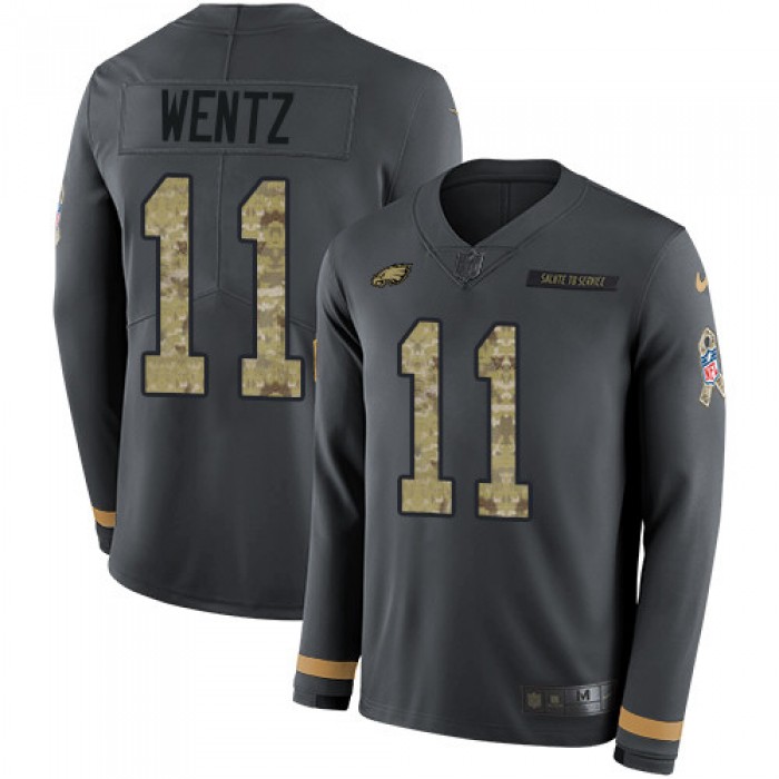 Nike Eagles #11 Carson Wentz Anthracite Salute to Service Men's Stitched NFL Limited Therma Long Sleeve Jersey