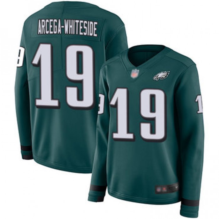 Eagles #19 JJ Arcega-Whiteside Midnight Green Team Color Women's Stitched Football Limited Therma Long Sleeve Jersey
