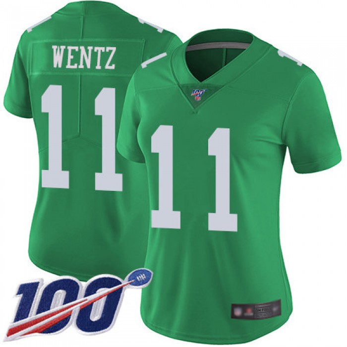 Nike Eagles #11 Carson Wentz Green Women's Stitched NFL Limited Rush 100th Season Jersey