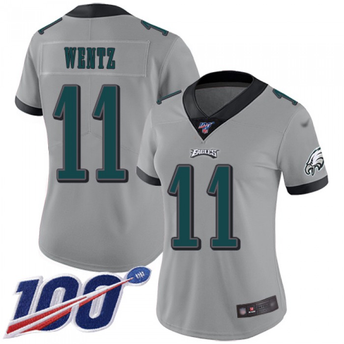 Nike Eagles #11 Carson Wentz Silver Women's Stitched NFL Limited Inverted Legend 100th Season Jersey