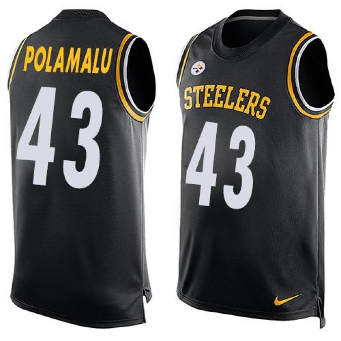 Men's Pittsburgh Steelers #43 Troy Polamalu Black Hot Pressing Player Name & Number Nike NFL Tank Top Jersey