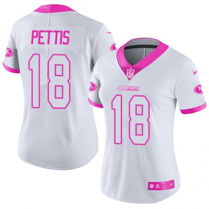 Nike 49ers #18 Dante Pettis White Pink Women's Stitched NFL Limited Rush Fashion Jersey