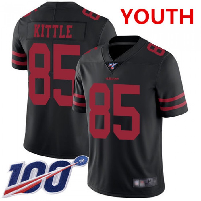 Youth 49ers #85 George Kittle Black Alternate Stitched Football 100th Season Vapor Limited Jersey